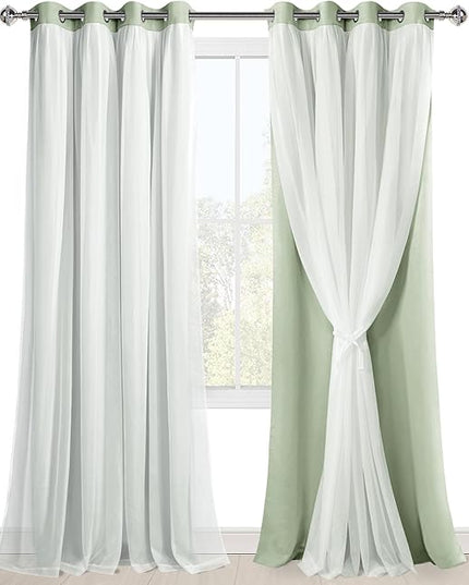 Hiasan Mix & Match Blackout Curtains with Sheer Overlay, Double Layer Thermal Insulated Privacy Grommet Window Curtains for Girls Bedroom, Living Room, 2 Drape Panels with Tiebacks, Seafoam, 52W X 96L