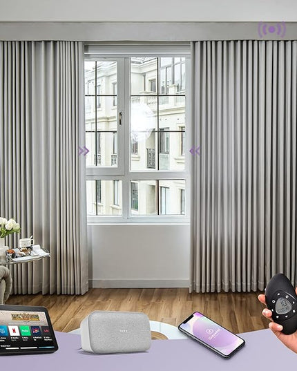 Graywind Rechargeable Smart Curtains Compatible with Alexa App Remote Control Motorized Drape for Sliding Door One-Way or Split Draw, Custom Width Up to 220" (Silver Grey)