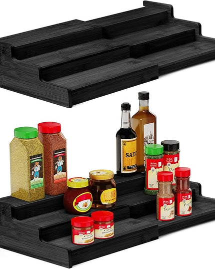 Spice Rack, 3-Tier Expandable Bamboo Spice Rack Organizer for Cabinet, Kitchen, Pantry and Cupboard Storage Organizer-Black(2pack)