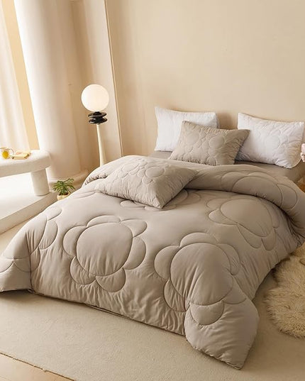 Luxlovery Mocha Sunflower Comforter Set Queen Beige Khaki Bedding Set Queen Size Boho Farmhouse Blanket Quilts Floral Elegant Soft Breathable Bedding Comforter Set