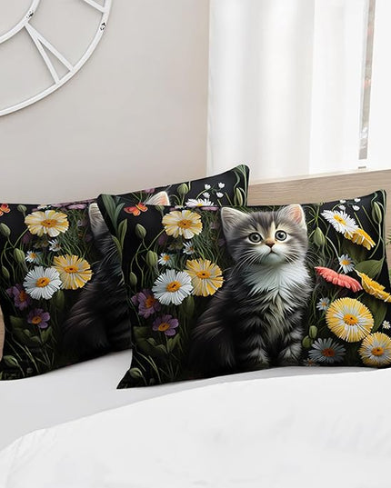 AILONEN Cute Cat Comforter Set Full Size,Beautiful Flower Printed Bedding Set for Boys Girls,Cartoon Pet Cat Animal Themed Quilt with 2 Pillowcases,3Pcs
