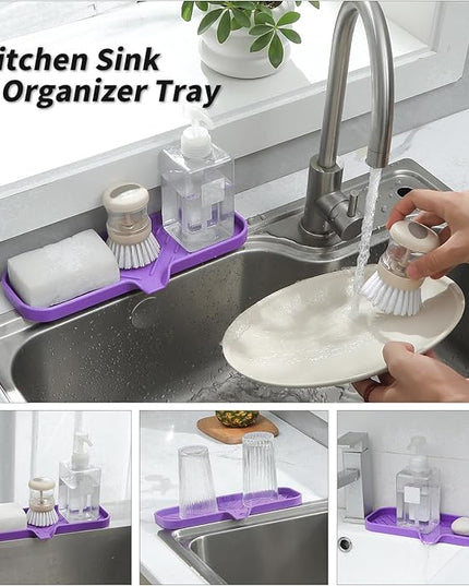 Silicone Bathroom Soap Dishes with Drain Spout-Bathroom and Kitchen Sink Organizer,Sponge Holder,Dish Soap Tray,Perfect for Dispenser,Scrubber,Bottle,Cup on Sink or Counter-Purple 12"×4"