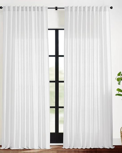 XTMYI 70 Inch Wide White Back Tab/Hook Belt Linen Cotton Sheer Curtains for Bedroom,2 Panels,96 Inch Length