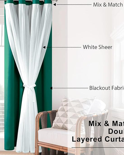 Hiasan Blackout Curtains with Sheer Overlay, Thermal Insulated Privacy Double Layer Mix & Match Grommet Window Curtains for Christmas,Living Room, 2 Drape Panels with Tiebacks, Hunter Green, 52W X 84L