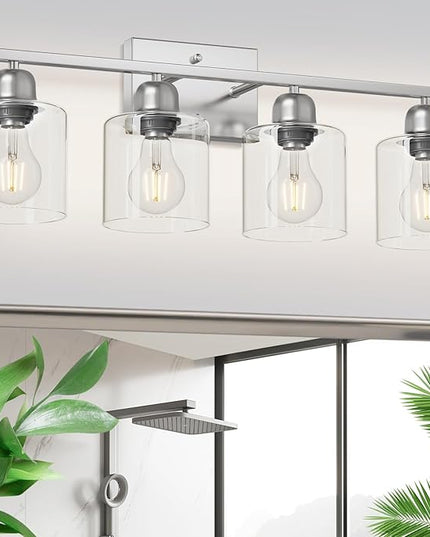 Modern Brushed Nickel 4 Light Bathroom Light Fixtures, 24 inch Vanity Lights for Bathroom with Clear Glass, Vanity Lights for Mirror Kitchen Living Room Hallway Cabinet Porch