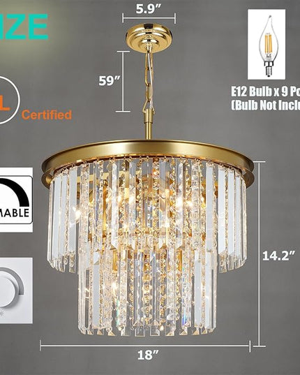 Modern Gold Crystal Chandelier, 9-Light Copper Pendant Ceiling Light Fixture for Dining Room, Kitchen Island, Bedroom