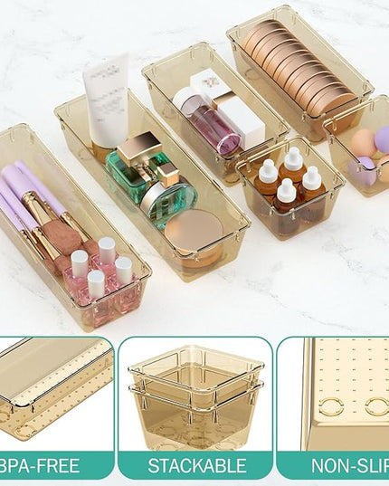 WOWBOX 9 Pack Clear Drawer Organizer Set, Acrylic Drawer Storage Trays, Storage Bins for Makeup, Cosmetics, Jewelries, Utensils, Gadgets, Office, Champagne