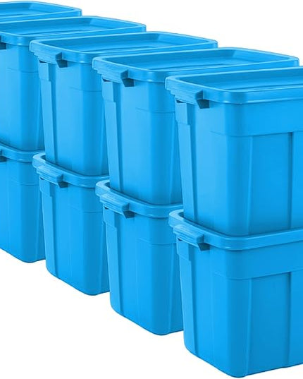 Rubbermaid Roughneck Tote 18 Gal, 10 Pack, Made in USA, Heritage Blue, Rugged Plastic Stackable Storage Bins with Lids and Handles