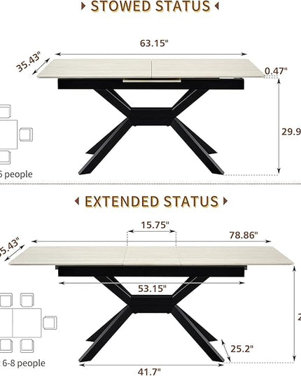 Expandable Dining Table(63"-79"),Seat 6-10,Effortless One-Hand Extension Sintered Stone Table with 0.08" Thick Carbon Steel Legs,Heat Resistant Modern Rectangular Kitchen Table for Dining Room