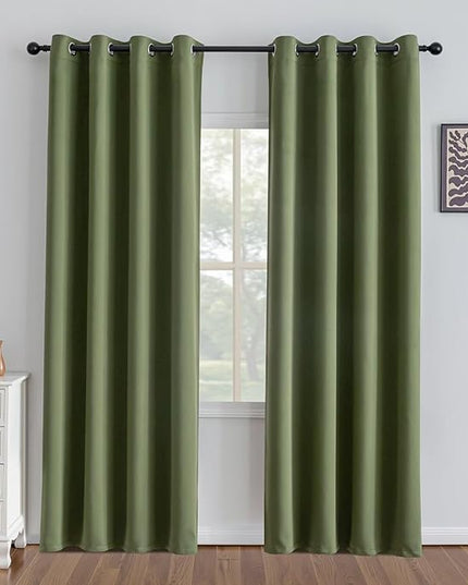 Olive Green Curtains 84 Inch Length 2 Panels Set, Light Filtering Curtains for Living Room 84 Inch Long, Grommet Energy Saving Semi Sheer Drapes for Bedroom Window(W52 x L84)