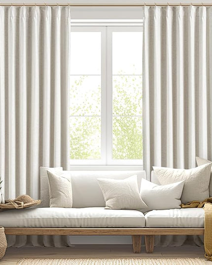 IVAPUPU Natural Linen Blend Pinch Pleated Blackout Curtains for Bedroom - 2 Panels 100% Black Out Curtains 108 Inch Long for Living Room Darkening Thermal Window Curtain Drapes with 16pc Hooks