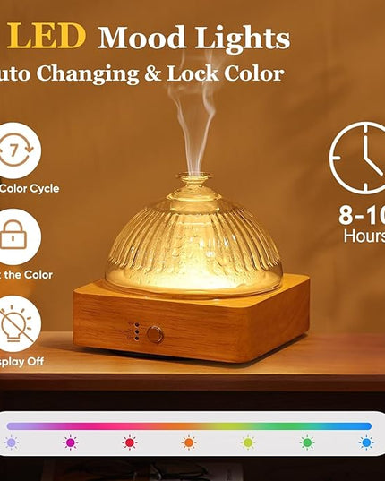 Glass Essential Oil Diffuser with Glass Reservoir & WoodBase, 200ml Ultrasonic Lock Color Timer Auto-Off 7 Color Light Aroma Glass Dome Diffuser for Home Office Bedroom Yoga