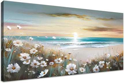 LKY ART Sunset Beach Wall Art Canvas White Flowers Canvas Prints Home Decor Painting for Living Room Bedroom Office Seascape Natural Landscape Wall Decor Ready to Hang