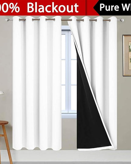 Yakamok Pure White Total Blackout Curtains, Heavy Duty Lined Blackout Drapes 72 Inches Long, Thermal Insulated Room Darkening Curtains for Bedroom(52" Width Each Panel, 2 Panels)