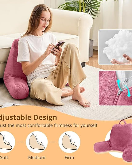 Sasttie Reading Pillow, Velvet Back Pillow for Bed Sitting Up, Adult Back-Rest Support Cushion with Arms for Sit Up on Couch, Sofa, and Floor, Dorm Essentials, Reading Accessories, Rose Pink