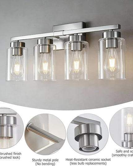 4-Light Bathroom Light Fixtures, Nickel Modern Vanity Lights Over Mirror, Bathroom Wall Sconces with Clear Glass Shade for Living Room Bedroom Hallway Cabinet Porch
