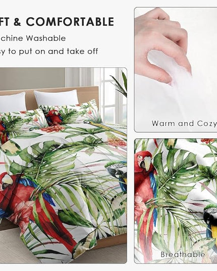 Twin Size Comforter Set with Pillowcase, Tropical Hibiscus Birds 2 Pcs Bedding for Kids and Adults, Flower Palm Leaf Soft Comforter Set for Bedroom Bed Decor