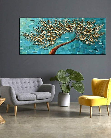 YaSheng Art - 3D Golden Flowers Oil Painting, Oil Painting On Canvas Texture Palette Knife Flowers Tree Paintings Abstract Landscape Artwork Canvas Wall Art Living Room Bedroom Home Decor 24x60inch