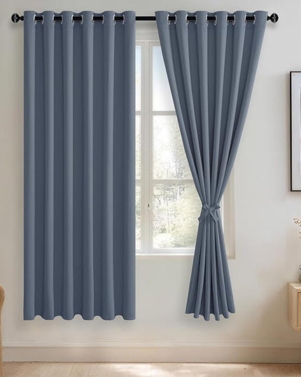JIUZHEN Dusty Blue Blackout Curtains with Tiebacks Thermal Insulated,Light Blocking and Noise Reducing Grommet Curtains for Bedroom and Living Room, Set of 2 Window Curtain Panels, 70 x 72 Inch Length