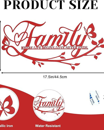 Family Where Life Begins Love Never Ends Word Sign Metal Wall Decor, Black Home Decor Wall Art Decorations, Letters Quotes Sign for Living Room Bedroom Kitchen Indoor Outdoor Decor(17.5", Red)