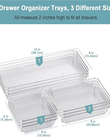 9 Pack Large Clear Plastic Drawer Organizer Trays, Desk Drawer Organizers and Storage Dividers, Non-Slip Storage Bins for Jewelry, Snacks, Office, Bathroom, Bedroom and Kitchen