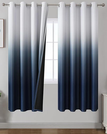 Estelar Textiler Navy Blue and Greyish White Ombre Blackout Curtains for Living Room, Energy Efficient Room Darkening Drapes, Grommet Thermal Insulated Window Treatments for Bedroom,52Wx72L (2 Panels)