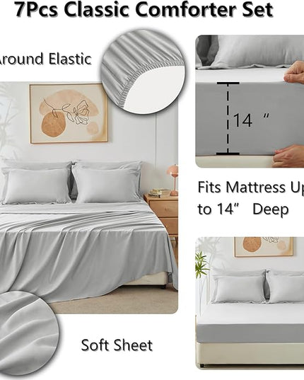 CozyLux King Size Comforter Set Light Grey - 7 Pieces Bed in a Bag King, Luxury Soft Bed Set for All Seasons, Bedding Set with Down Alternative Comforter, Sheets, Pillowcases & Shams