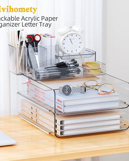 YKLSLH Paper Organizer Letter Tray - Acrylic Stackable Desk File Organizer with 5-Gird Tray and Pencil Holder, Clear Paper Sorter Office Organizer for Letter/A4, Office File Ipad Books Notes Etc