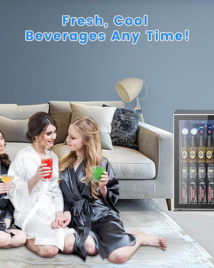 26 Bottle Wine Cooler 130 Can Beverage Refrigerator, Small Freestanding Cabinet Wine Cellar with 40℉-61℉ Temperature Control Glass Door, Black