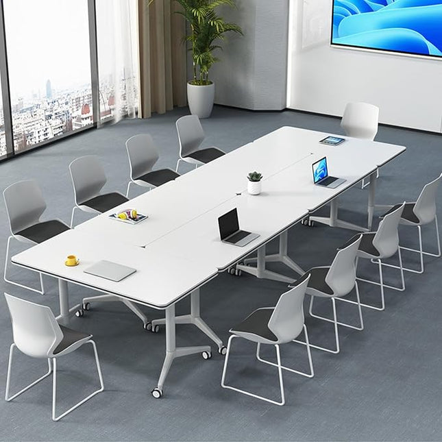 Conference Table, Folding Conference Room Tables, Modern Flip Top Seminar Training Meeting Table with Wheels, Modular Foldable Conference Tables for Home Office Classr (White 6 Pack, 55.1inch)