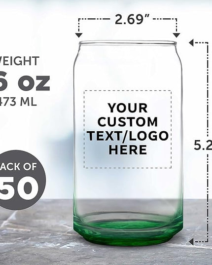 Custom Beer Can Glasses Set of 50, 16 oz. Pint Sized, Promotional Text, Logo, Soda Can Shape, Glassware, Green