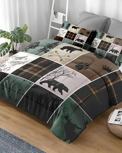 Comforter Set Full Size, Hunting Wildlife Deer Bear Soft 3 Pcs Bedding for Kids and Adults Vintage Winter Animal Plaid Comforter Set with 2 Pillowcases for Bedroom Bed Decor