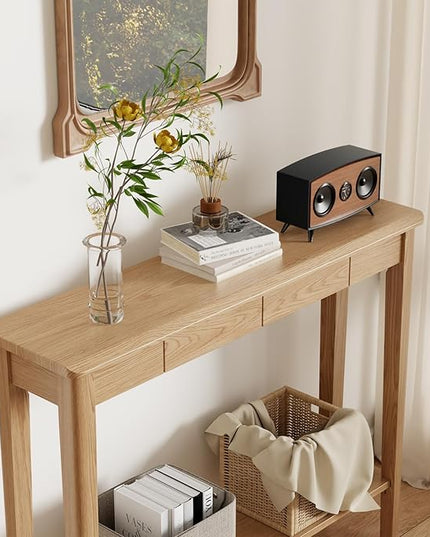 AQIMUELE Wood Console Table with Drawers, Mid Century Modern Console Table Walnut for Entryway, Living Room, Hall Way.