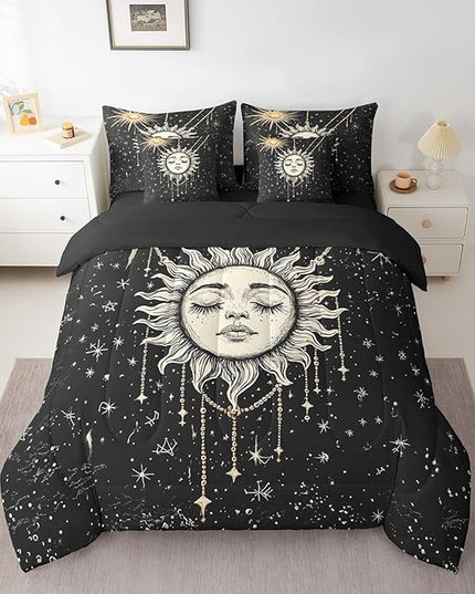 Feelyou 7Pcs Boho Star Moon Sun Comforter Sets King Size, Sun and Moon Decor Constellation Comforter Set Bed in a Bag(1 Comforter, 1 Flat Sheet 1 Fitted Sheet 2 Pillowcases and 2 Throw Pillow Covers)