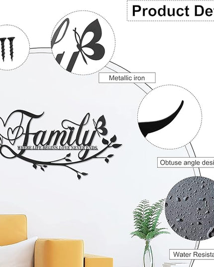 AUHOKY Family Where Life Begins Love Never Ends Word Sign Metal Wall Decor, Black Home Decor Wall Art Decorations, Letters Quotes Sign for Living Room Bedroom Kitchen Indoor Outdoor Decor(Black)