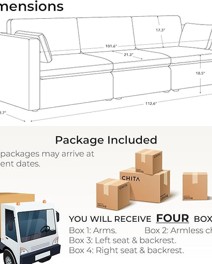 CHITA Sectional Sofa Set, Comfty Cloud Couch, FSC Certified Deep Seat Sectional Couch for Lving Room, 112 inch Width, 3 Seat Modern Modular Sofa, Linen