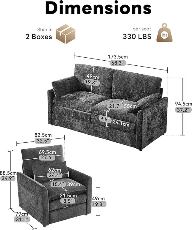 Tbfit Living Room Furniture Set, Loveseat Couch & Accent Chair, Modern Comfy Cloud Sofa Set, Spring Seat Cushions, Chenille Fabric, Dark Gray