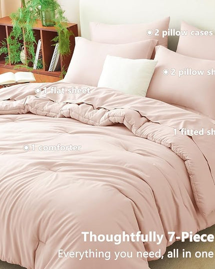 CozyLux King Size Comforter Set Blush Pink, 7 Pieces Bed in a Bag King Comforter Set with Sheets, Bedding Set with Down Alternative Comforter, Fitted Sheets, Flat Sheets, Pillow Shams and Pillowcases