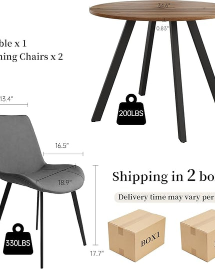 34.6'' Dining Table and Chairs for 2, Mid Century Modern Round Table Set, Space Saving for Apartment Kitchen Dining Room (Walnut Table+2 Grey Chairs)