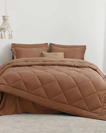 Love's cabin King Size Comforter Set Mocha Mousse, 7 Pieces King Bed in a Bag, All Season Bedding Sets with 1 Comforter, 1 Flat Sheet, 1 Fitted Sheet, 2 Pillowcase and 2 Pillow Sham