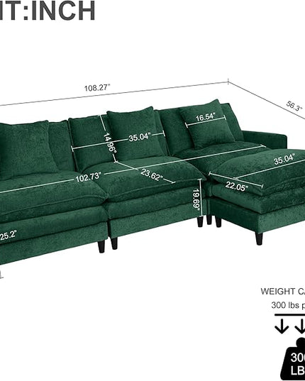 Modular Sectional Sofa,Modern Sofa Sleeper Couch,3 Seat & 1 Ottoman,Comfy Cloud Couches Soft Chenille Sofa Set with Movable Ottoman Deep Seat Sofa for Living Room (Green, L Shaped)