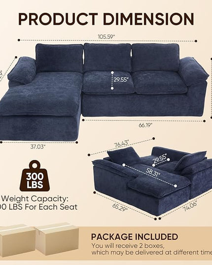 105.6”L Shape Modular Sectional Couch for Living Room, Modern Cloud Sectional 3 Seat Sofa with Oversized Chaise, Woven Texture Upholstery Boneless Couch (Blue, Left Facing Chaise)