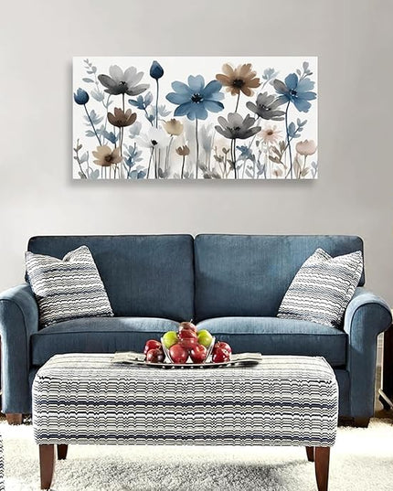 KZKU Flowers Canvas Wall Art - Floral Pictures for Wall Decor Indigo Brown Grey Canvas Prints Nature Printing Artwork for Living Room Bedroom Home Office Wall Decoration 24" x 48"