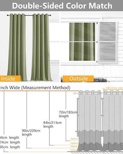 Simplebrand Sage Green Room Darkening Curtains for Bedroom Living Room 108 Inches Long 2 Panels Set, Thermal Insulated Curtains & Drapes, Solid Grommet Noise Reducing Window Treatment, W50 x L108 Inch
