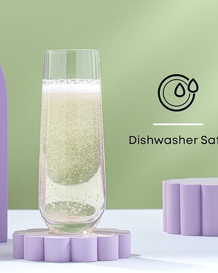 JoyJolt Milo Stemless Champagne Flutes Set of 8 Crystal Glasses. 9.5oz Prosecco Wine Flute, Mimosa Glasses, Cocktail Glass Set, Water Highball Glass, Bar Glassware