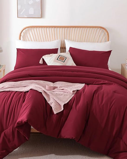ROSGONIA Oversized King Comforter Dark Red, 3pcs (1 Boho Red Comforter & 2 Pillowcases) Lightweight Oversized King Size Comforter Sets Bedding Blanket