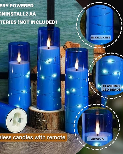 Flickering Flameless LED Candles,Battery Operated Candles 9 Pcs with Embedded Star String,Acrylic LED Pillar Candles with Remote,Suitable for Home Decoration to Create an Atmosphere (Blue)
