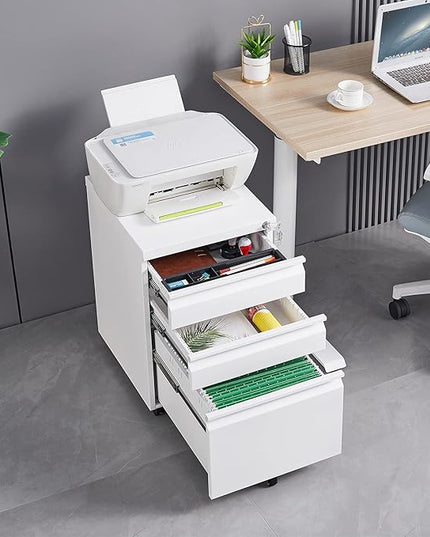 3-Drawer Lockable Mobile File Cabinet – Metal A4/Letter/Legal Size Storage for Home/Office, Space-Saving Under-Desk Cabinet with Wheels[Installation Required] (White-B)