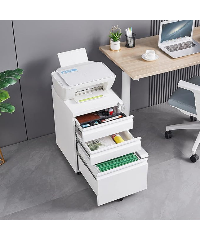 3-Drawer Lockable Mobile File Cabinet – Metal A4/Letter/Legal Size Storage for Home/Office, Space-Saving Under-Desk Cabinet with Wheels[Installation Required] (White-B)