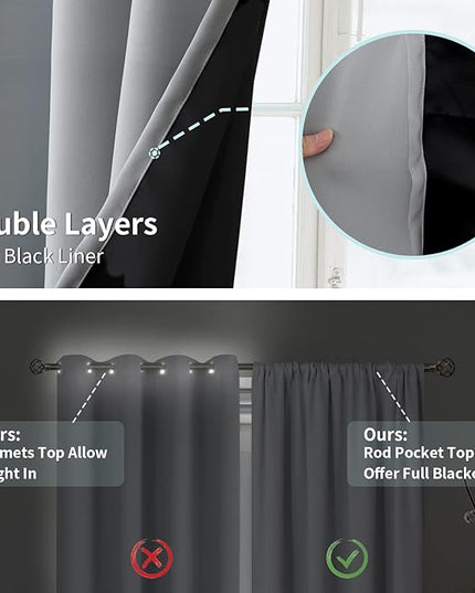 BGment Thermal Insulated 100% Blackout Curtains for Bedroom with Black Liner, Double Layer Full Room Darkening Noise Reducing Rod Pocket Curtain (42 x 84 Inch, Light Grey, 2 Panels)